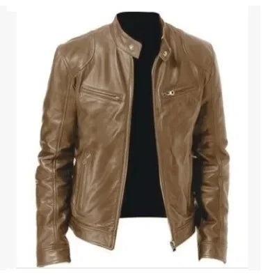 Mens Motorcycle PU Leather Jacket Slim Fit Short-Coat Autumn New Zipper Stand Windproof