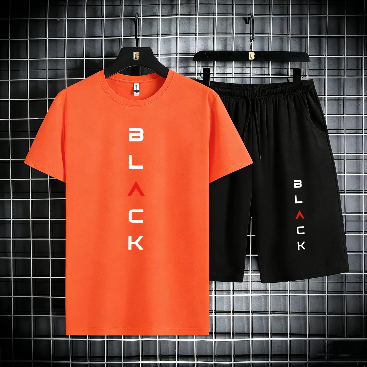 Black Simple Letter Pattern Mens Cotton Summer Classic Short Suits Cool All-Match Streetwear Soft Pocket Bottom Daily 2Pc Set