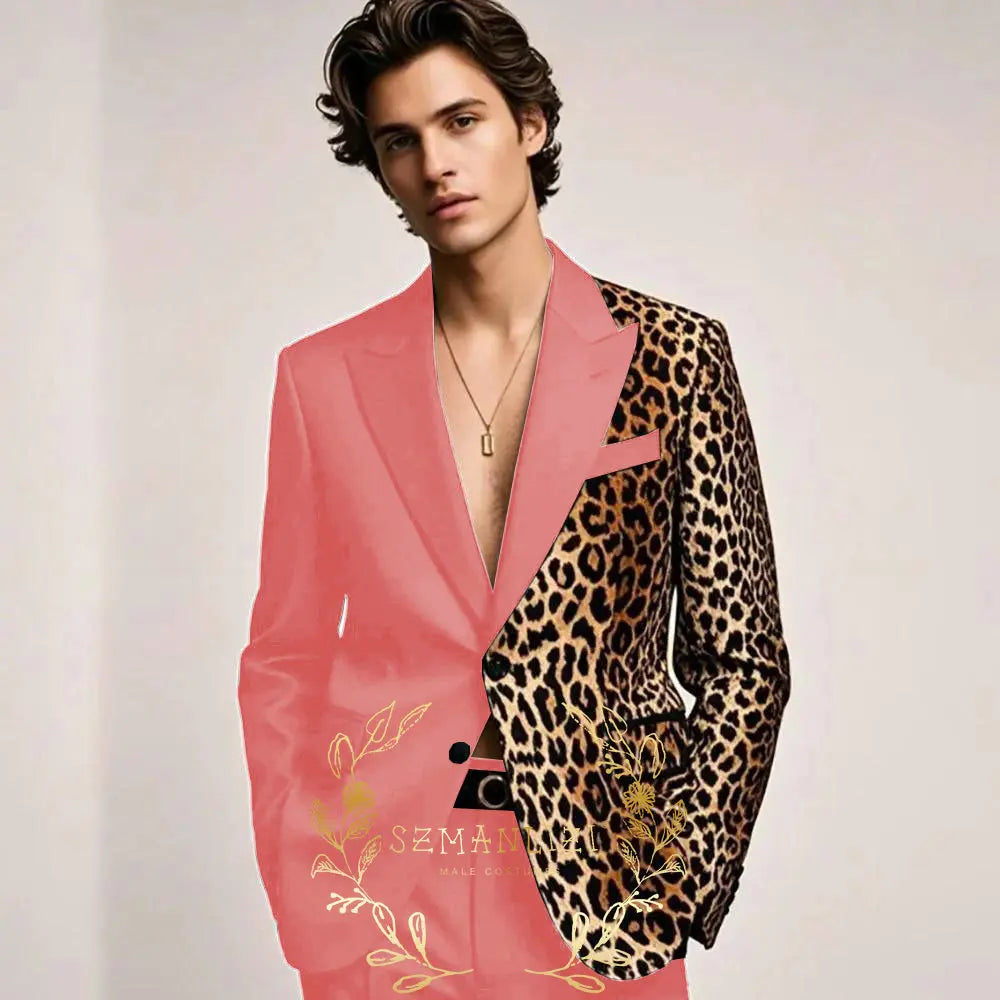 Fashion Suit for Men Leopard Print Peaked Lapel Slim Fit 2 Piece Jacket Pants Blazer Wedding Party Tuxedo Male Clothing