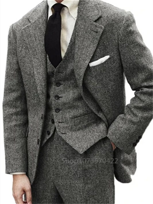 3 Piece Gray Wool Tweed Winter Men Suit's For Wedding Formal Groom Tuxedo Herringbone Male Fashion Suit (Jacket + Vest + Pants)