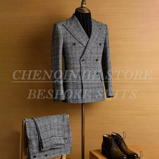 Fashion Double Breasted Men's Suits High Quality Peak Lapel Autumn Winter Daily 2 Piece Jacket Pants Outfits Male Clothing