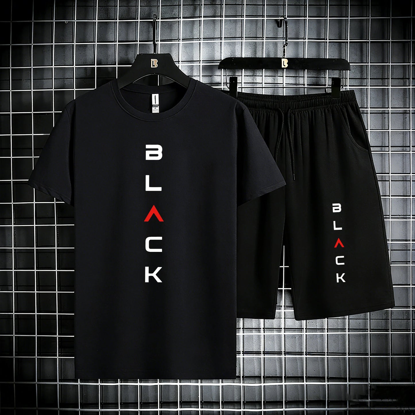 Black Simple Letter Pattern Mens Cotton Summer Classic Short Suits Cool All-Match Streetwear Soft Pocket Bottom Daily 2Pc Set