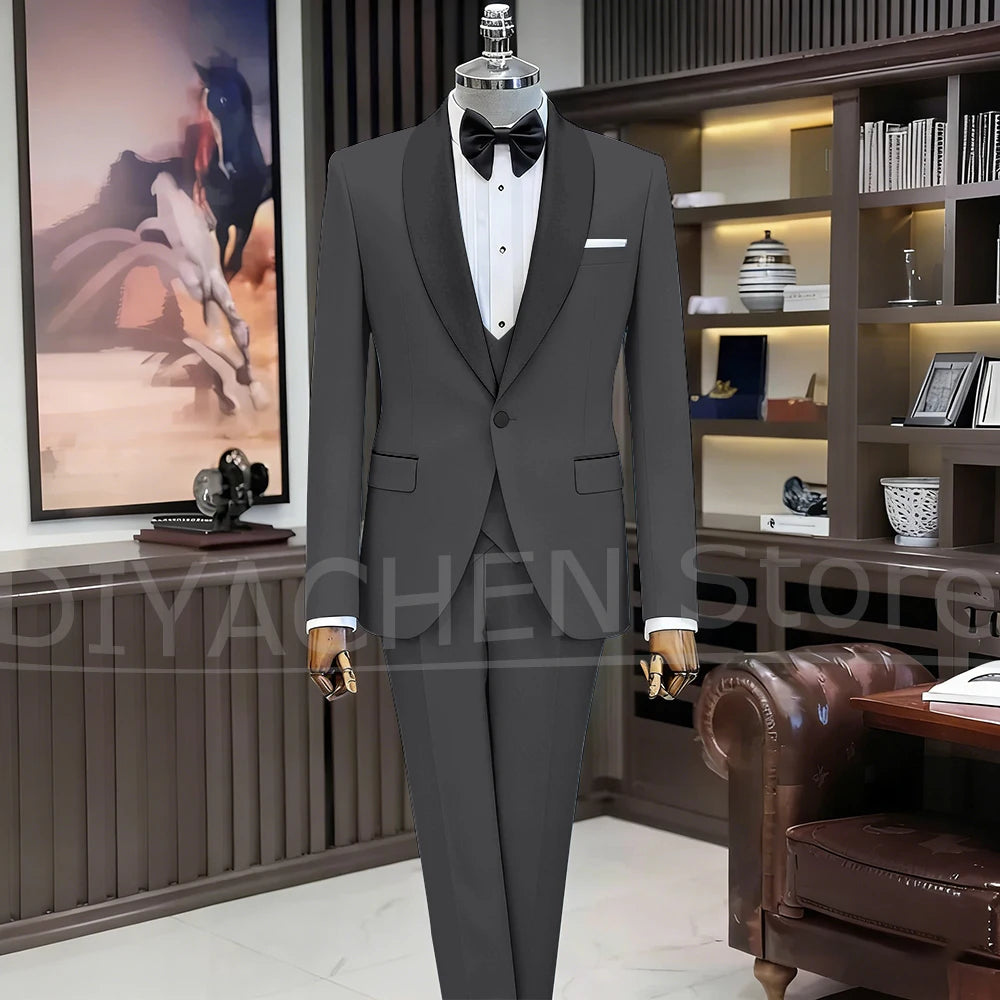 Black Suits for Men Elegant Shawl Lapel One Button Male Suit Slim (Jacket+Vest+Pants) Banquet Prom Wedding Party Tuxedo 3 Piece