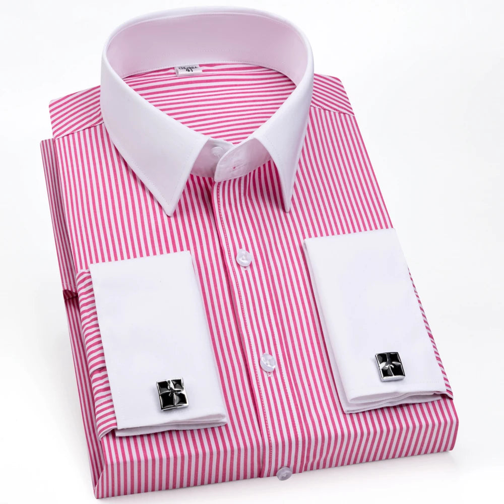Men's Formal Long Sleeve Striped Shirt with French Cuffs & Contrast Spread Collar, Suitable for Business Wedding, All Seasons