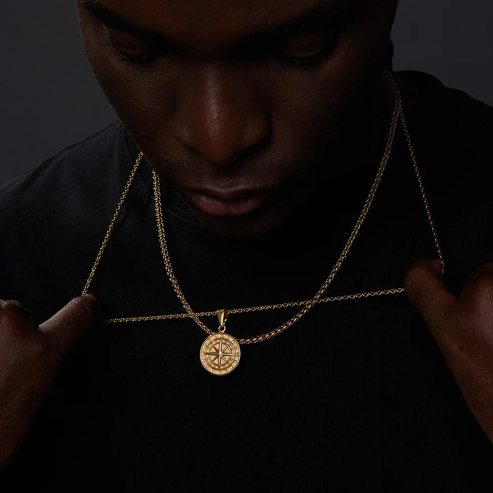 Vnox Layered Necklaces for Men Compass Pendant and Stainless Steel Cuban Figaro Wheat Chain - Casual Retro Collar Style