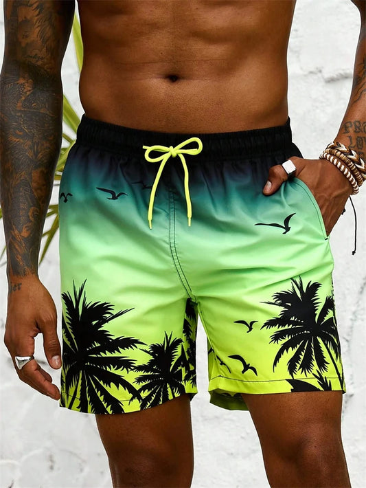 Men's Hawaiian Palm Print Board Shorts - Breathable Swim Trunks