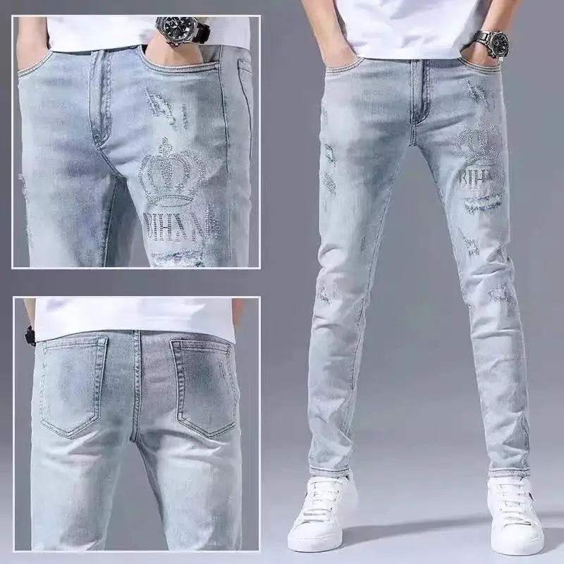 Men's Embroidered Slim Fit Denim Jeans - Stretch Ripped Design