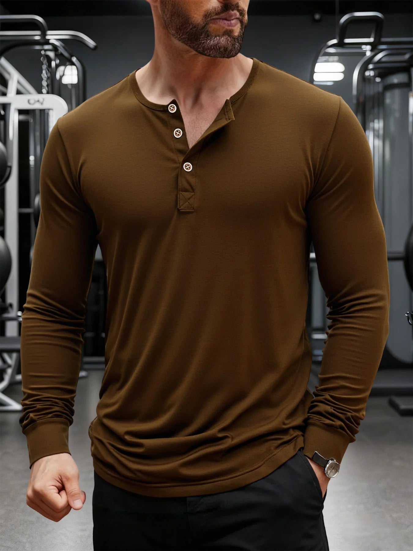 Men's T Shirt Autumn Button Long Sleeve Henley Neck Solid Color Casual Breathable Versatile Slim T-Shirts