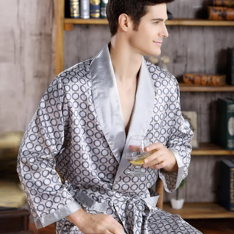 Men's Luxury Silk Bathrobe - Geometric Print Kimono Robe
