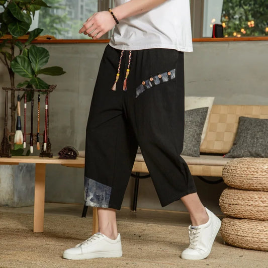 Japanese Cotton Linen Harem Pants for Men - Breathable Cropped Summer Fitness Pants with Elastic Waist
