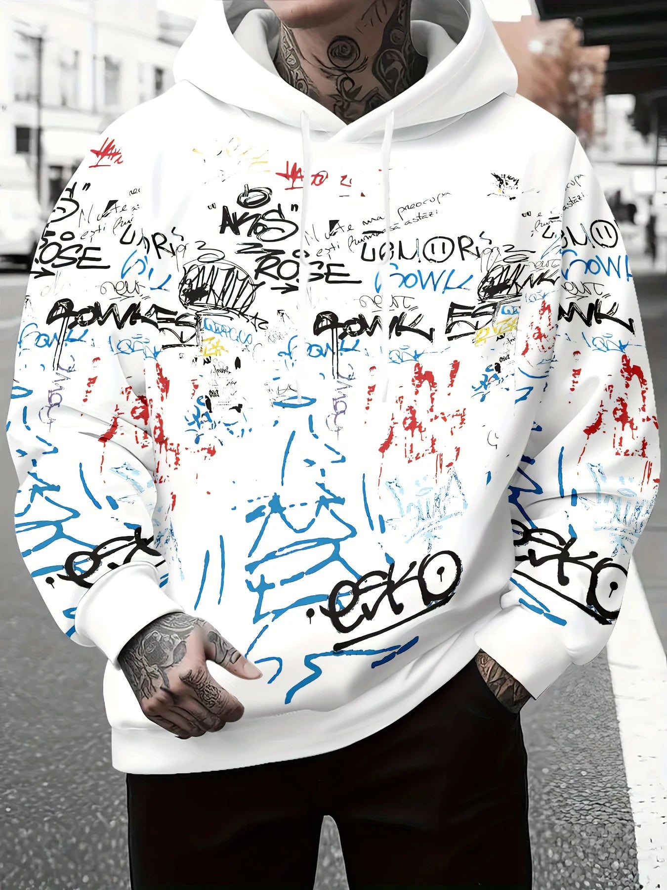 Men's Graffiti Print Hooded Sweatshirt - Urban Street Style