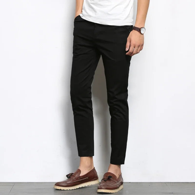 Men's Casual Straight-Leg Pants - Cotton Blend Ankle-Length Trousers