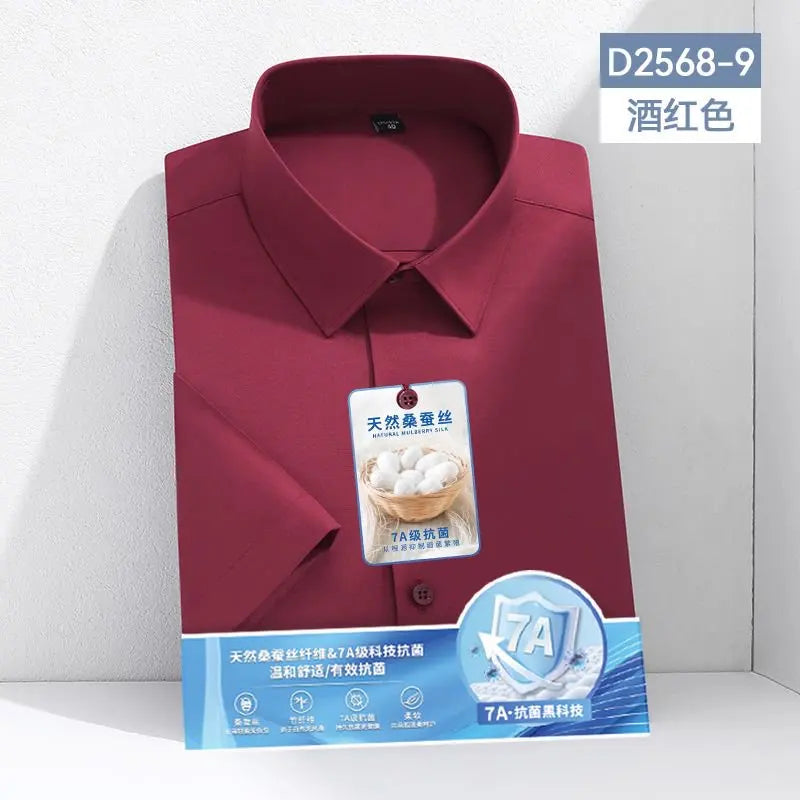 Larger Size S-6XL Mulberry Silk Men's Short  Sleeve Reverse Wrinkle and Cool Comfortable Slim Social Business Formal White Shirt