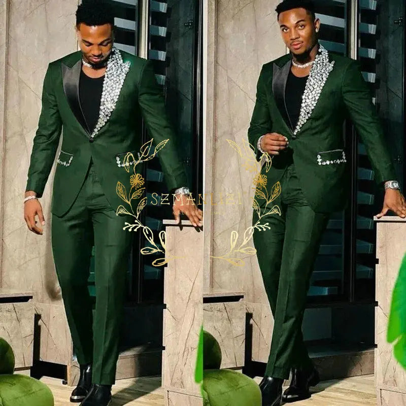 Slim Fit Suit Single Breasted Peak Lapel Blazer High Quality Crystal Prom Party 2 Piece Jacket & Pants for Men