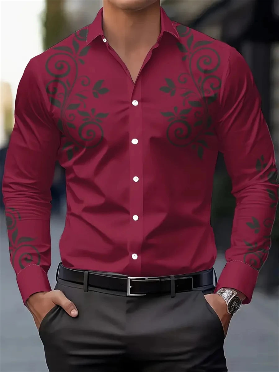 Men's Fashion Floral Print Shirt, Casual Breathable Lapel Button Long Sleeve Shirt For Spring Men’s Clothing Men's Formal Tops