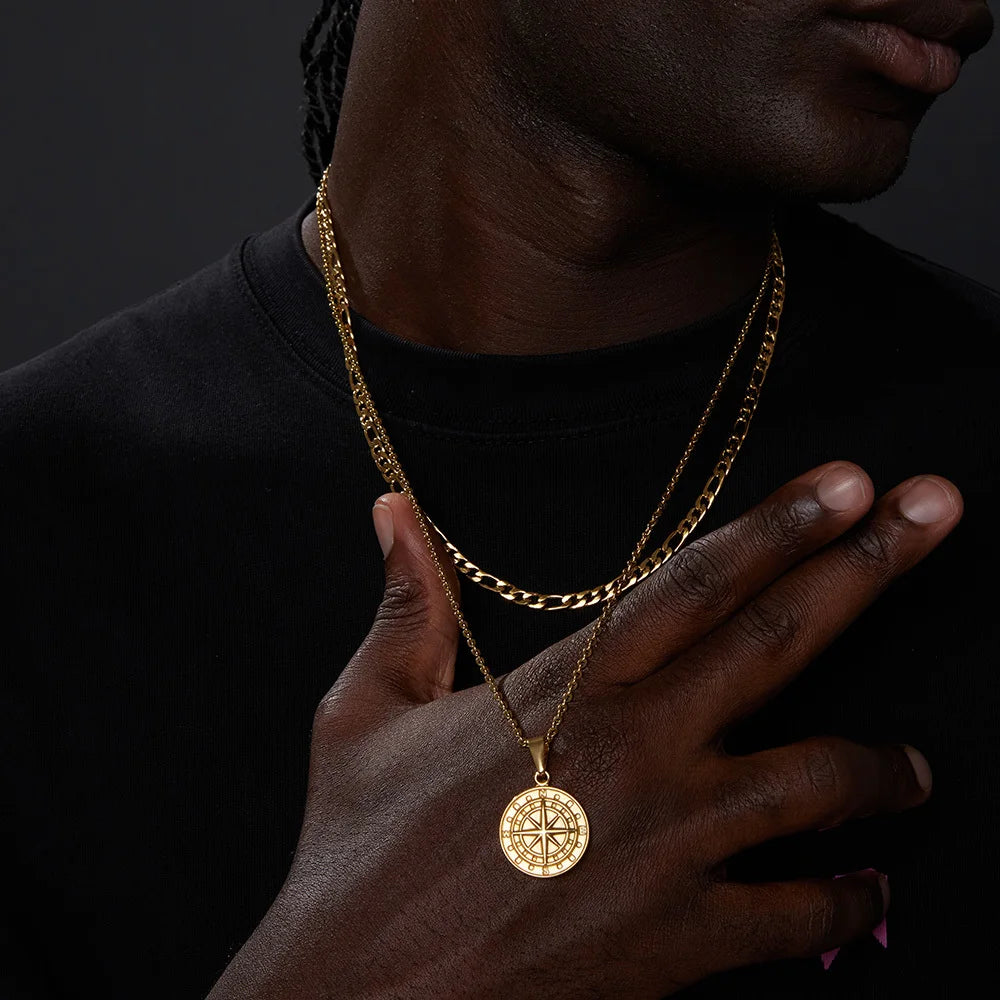 Vnox Layered Necklaces for Men Compass Pendant and Stainless Steel Cuban Figaro Wheat Chain - Casual Retro Collar Style