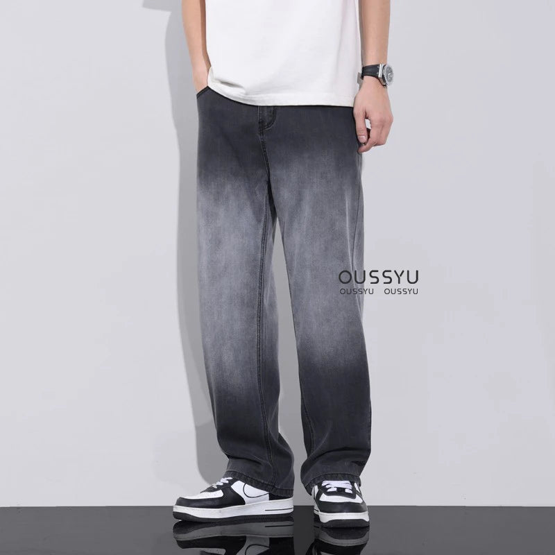 Men's Gradient Grey Loose Fit Jeans - Lyocell Fabric Wide Leg Pants