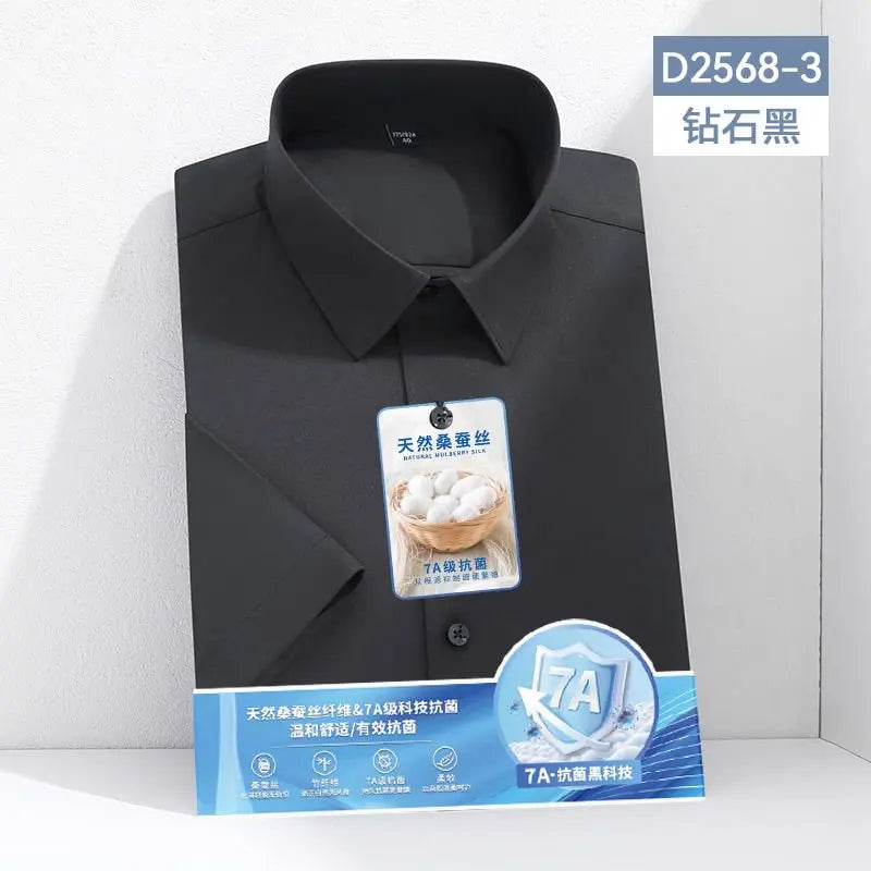 Larger Size S-6XL Mulberry Silk Men's Short  Sleeve Reverse Wrinkle and Cool Comfortable Slim Social Business Formal White Shirt