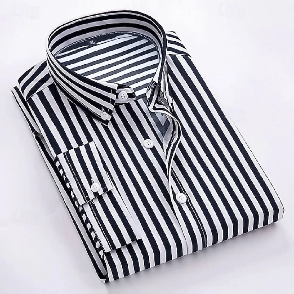 2026 Men's Formal Shirt - Horizontal Stripe Shirt - Buttoned Collar Shirt - Soft Fabrics Shirt - Wedding Style - Black - White -