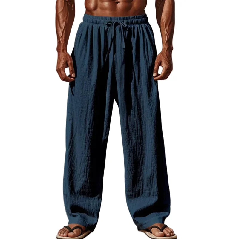 Men's Cotton Linen Casual Pants - Straight Leg Drawstring Trousers