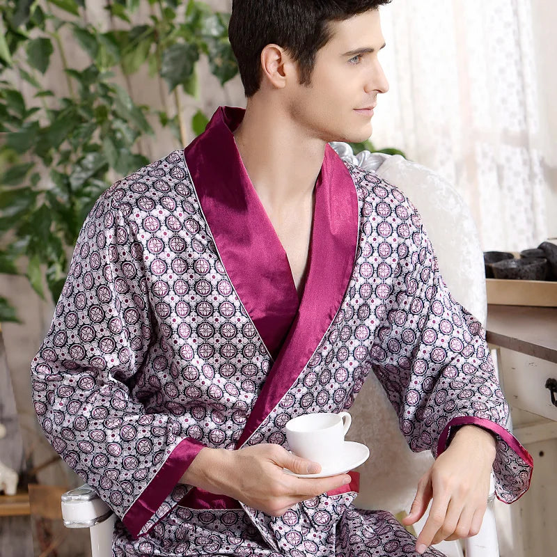 Men's Luxury Silk Bathrobe - Geometric Print Kimono Robe