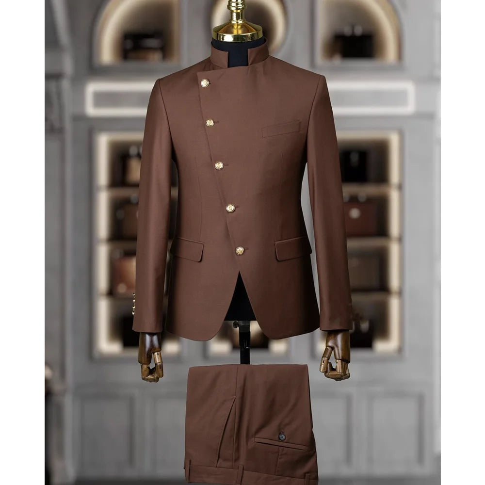Men's East Style Slant-Breasted Slim Fit Suit Formal Indian Middle Stand-Up Collar