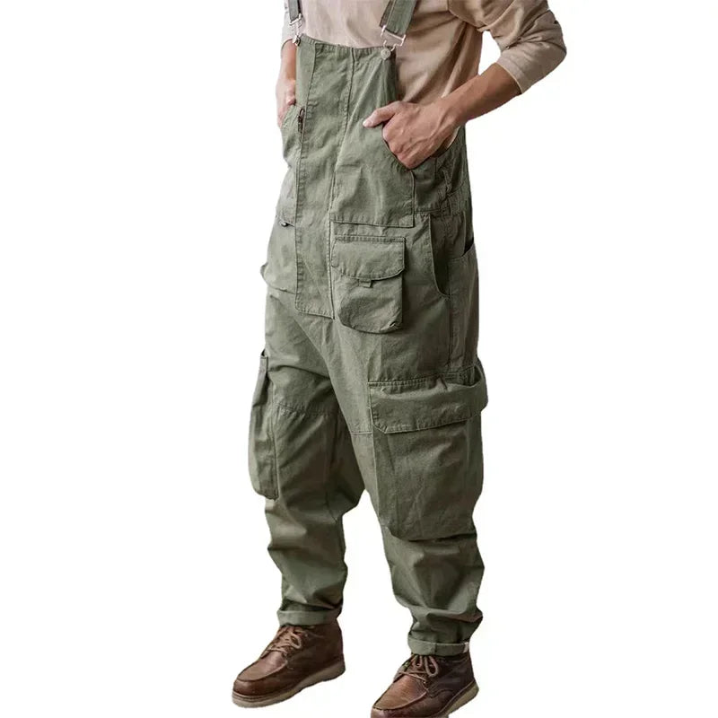 Men's Cotton Overalls - Loose Fit Suspender Jumpsuit