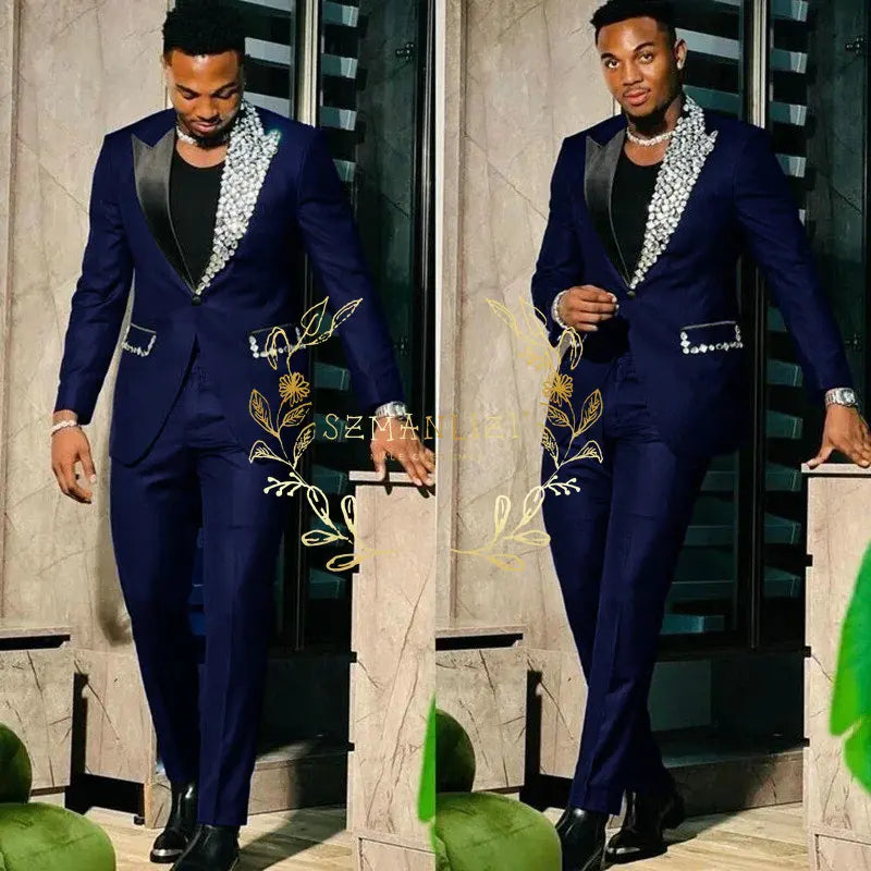 Slim Fit Suit Single Breasted Peak Lapel Blazer High Quality Crystal Prom Party 2 Piece Jacket & Pants for Men
