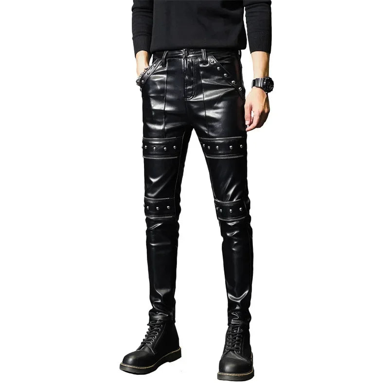 Men's Faux Leather Biker Pants - Slim Fit Motorcycle Trousers