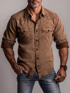 Men's Vintage Washed Denim Long Sleeve Shirt Hand-Washed Workwear Style Brown Shirt with Double Pockets and Diamond Buttons