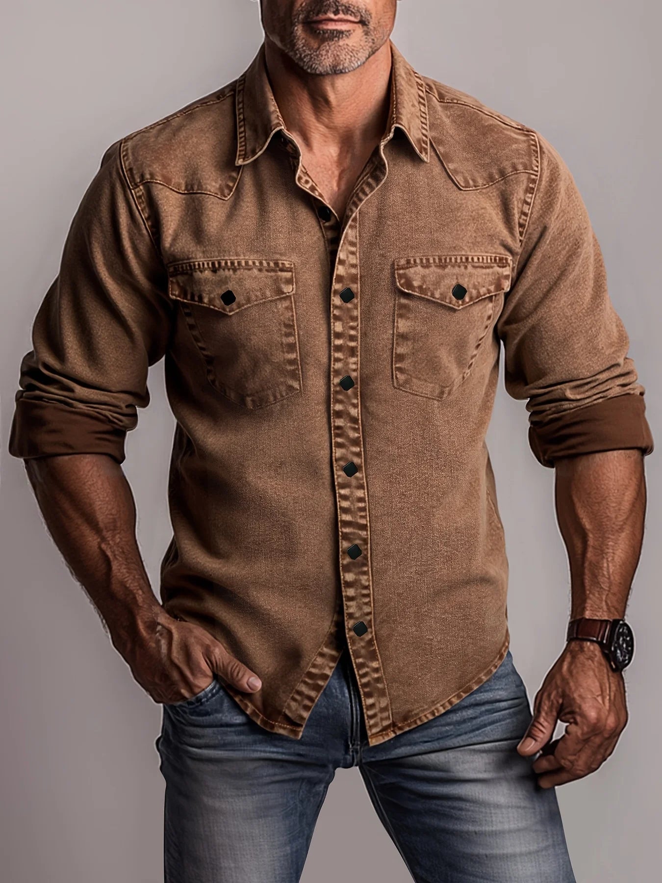 Men's Vintage Washed Denim Long Sleeve Shirt Hand-Washed Workwear Style Brown Shirt with Double Pockets and Diamond Buttons