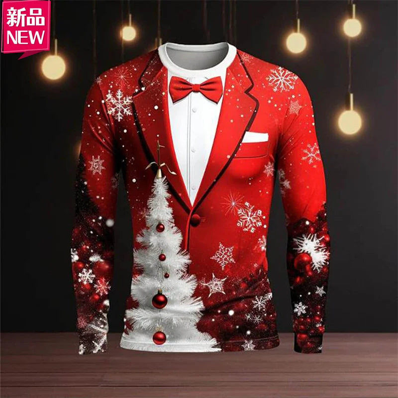 3D Printing Happy Christmas Long Sleeve T Shirt Suit Lapels Christmas Cosplay Graphic  Long Sleeve Crew Neck Shirt Mens Clothing