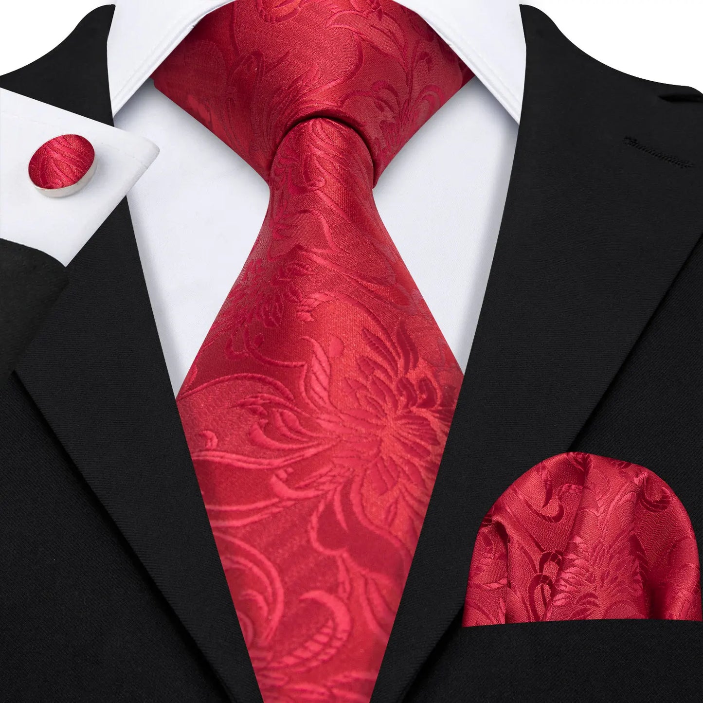 Barry.Wang Red Silk Mens Tie Hanky Cufflinks Set Burgundy Maroon Scarlet Carmine Rose Jacquard Necktie For Male Wedding Party