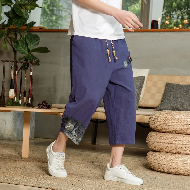 Japanese Cotton Linen Harem Pants for Men - Breathable Cropped Summer Fitness Pants with Elastic Waist