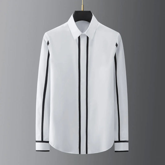2025 Shirts Men Geometric Webbing Stitching Business Casual Shirt Long Sleeve Formal Dress Shirts Social Party Clothing Camisas