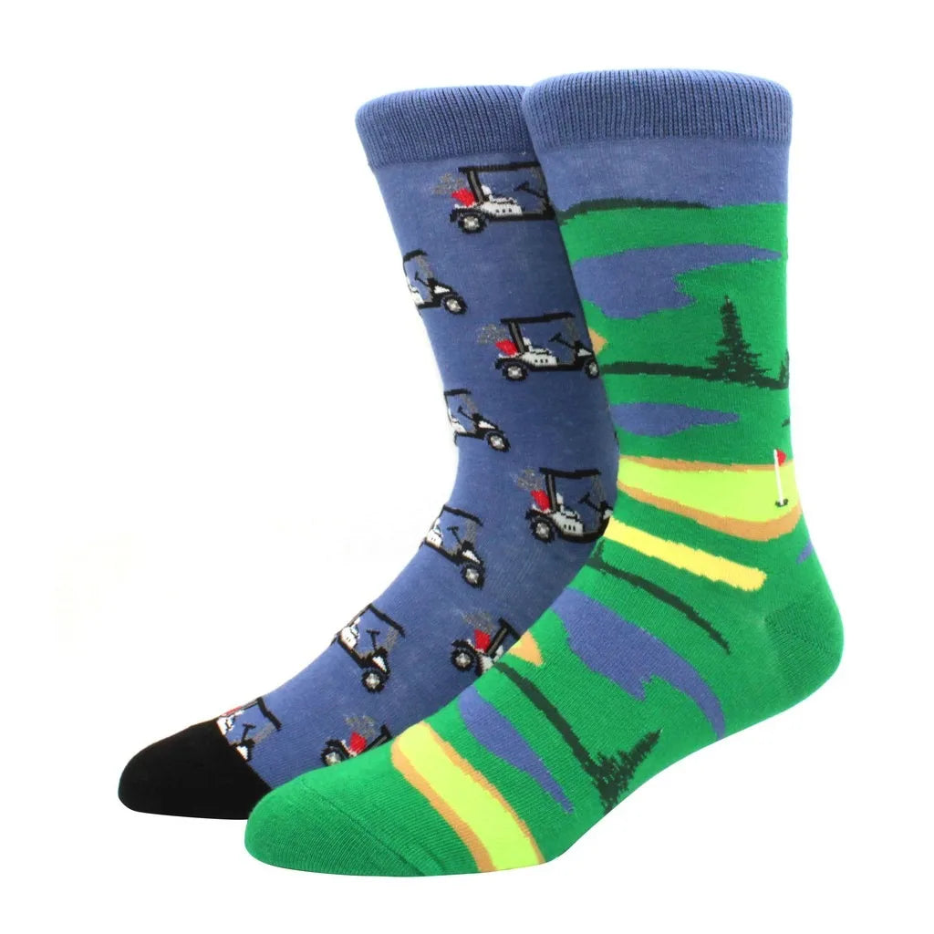 Men's Novelty Cotton Crew Socks - Mismatched Animal & Fruit Design