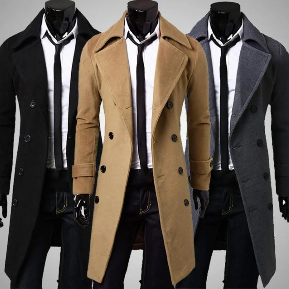Men's Double-Breasted Trench Coat - Classic Wool-Lined Outerwear