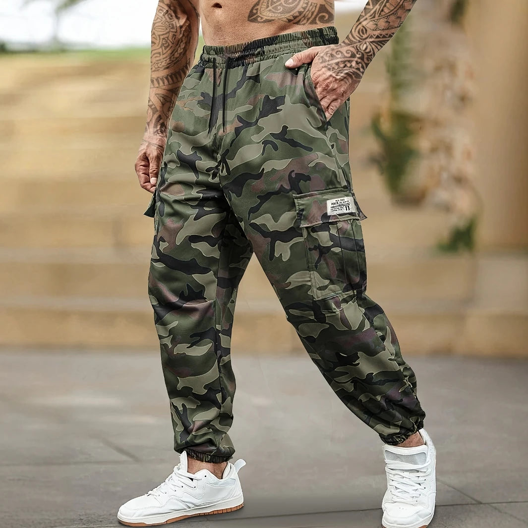 Trendy Camo Cargo Pants - Casual Loose Fit Elastic Waist Trousers With Pockets For Outdoor Activities