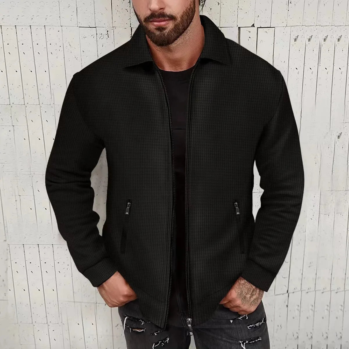 European and American cross-border waffle long-sleeved zipper jacket casual men's autumn coat