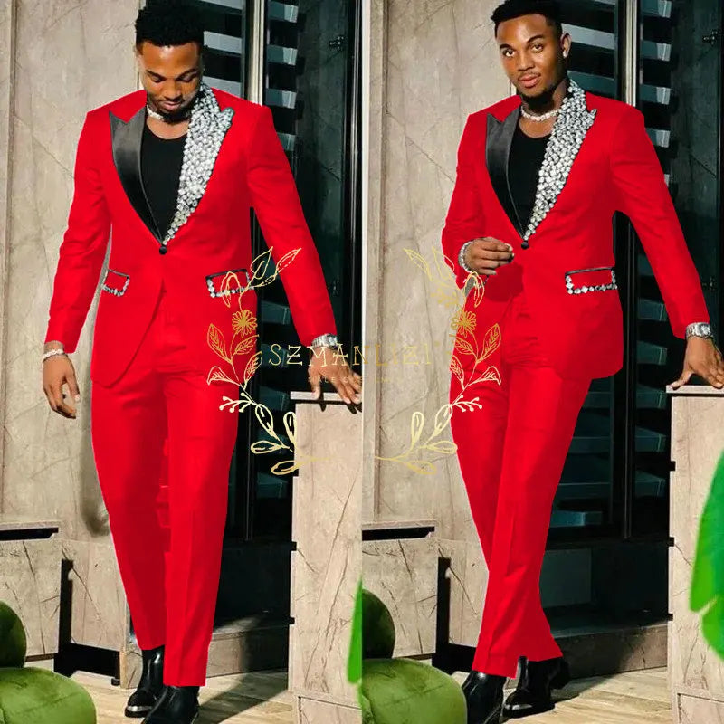 Slim Fit Suit Single Breasted Peak Lapel Blazer High Quality Crystal Prom Party 2 Piece Jacket & Pants for Men