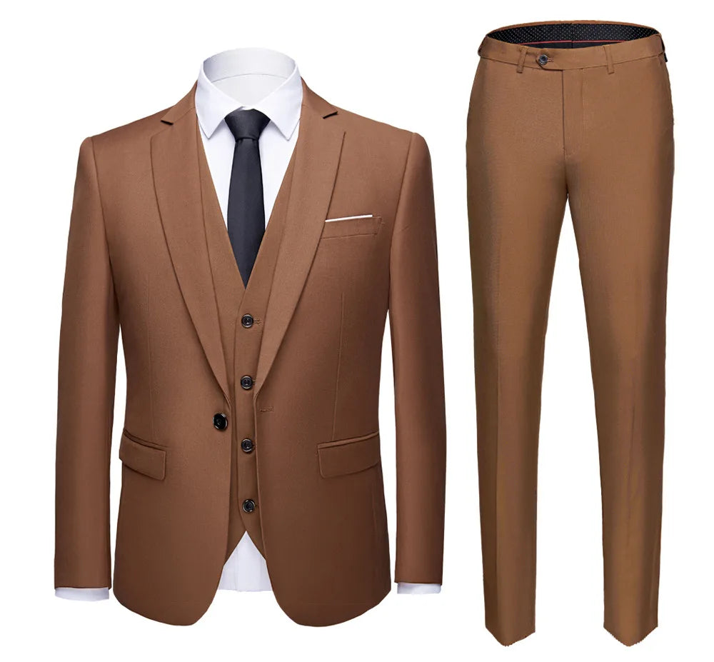 Men Suit Set Simple Solid Color Long Sleeve Male Outfit Single-breasted Slim Business Wedding Versatile Men Three-piece Suits