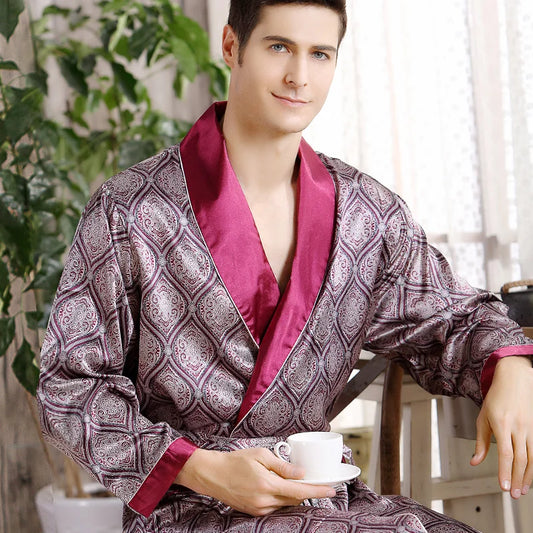Men's Luxury Silk Bathrobe - Geometric Print Kimono Robe
