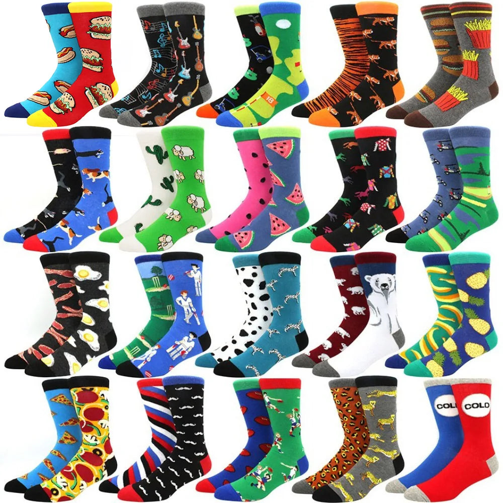 Men's Novelty Cotton Crew Socks - Mismatched Animal & Fruit Design