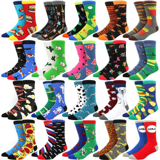 Men's Novelty Cotton Crew Socks - Mismatched Animal & Fruit Design