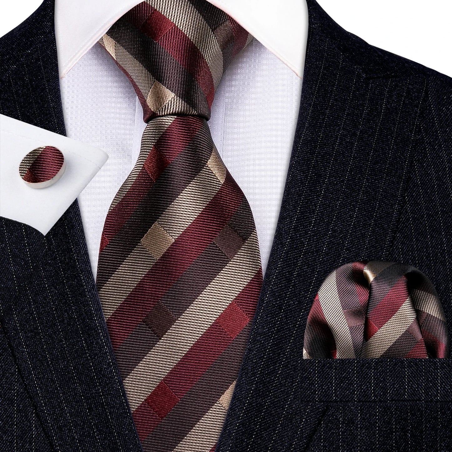 Barry.Wang Red Silk Mens Tie Hanky Cufflinks Set Burgundy Maroon Scarlet Carmine Rose Jacquard Necktie For Male Wedding Party