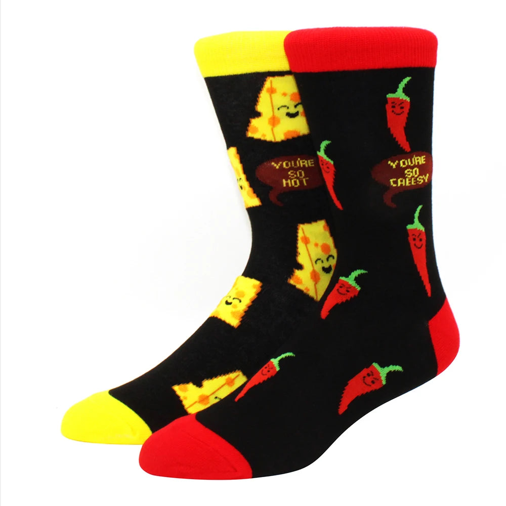 Men's Novelty Cotton Crew Socks - Mismatched Animal & Fruit Design
