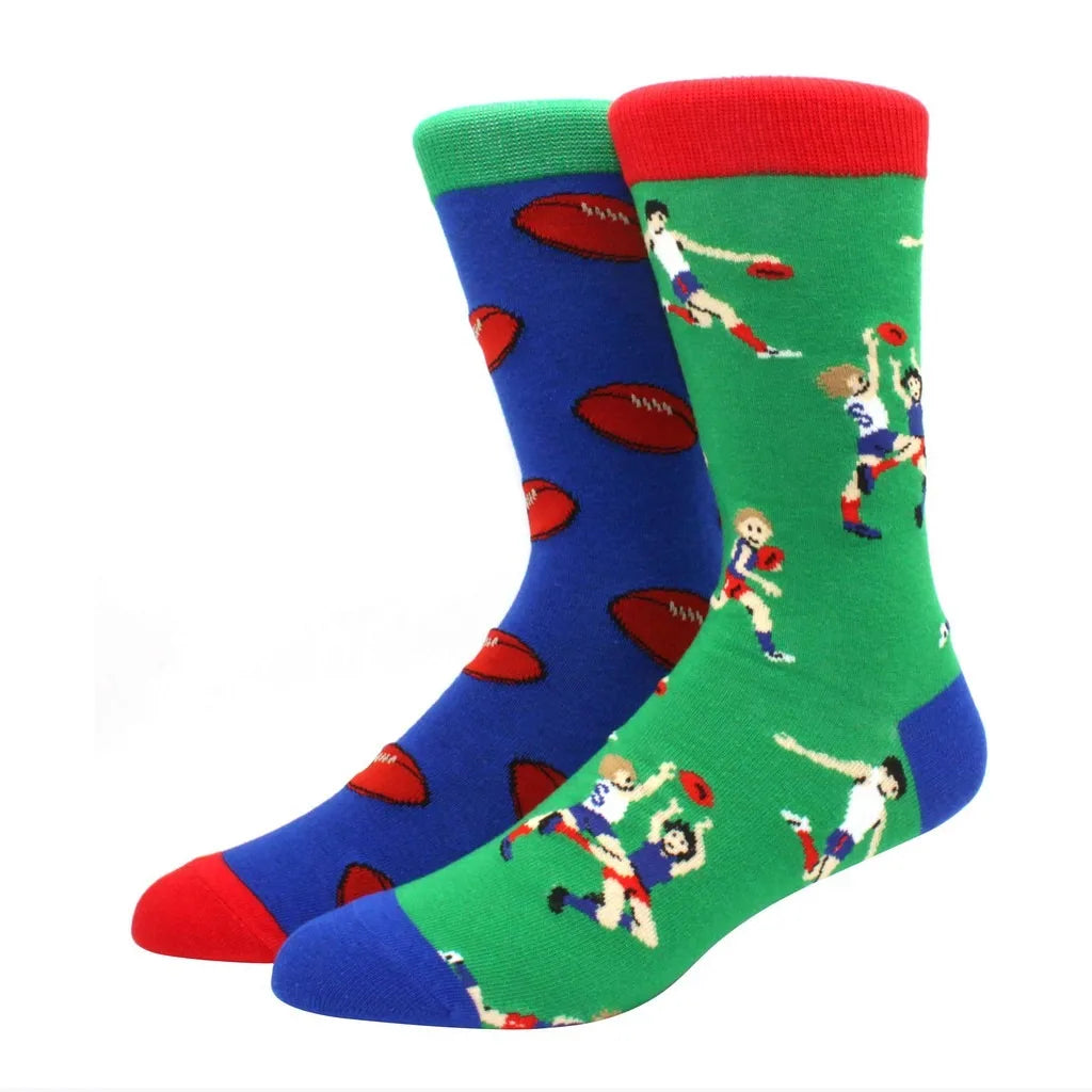 Men's Novelty Cotton Crew Socks - Mismatched Animal & Fruit Design