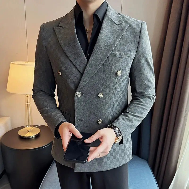 6 Color Luxury Double Breasted Blazers Coats 2024 New Fashion Checkered Business Slim Fit Social   Formal Suit Jacket 5XL-M