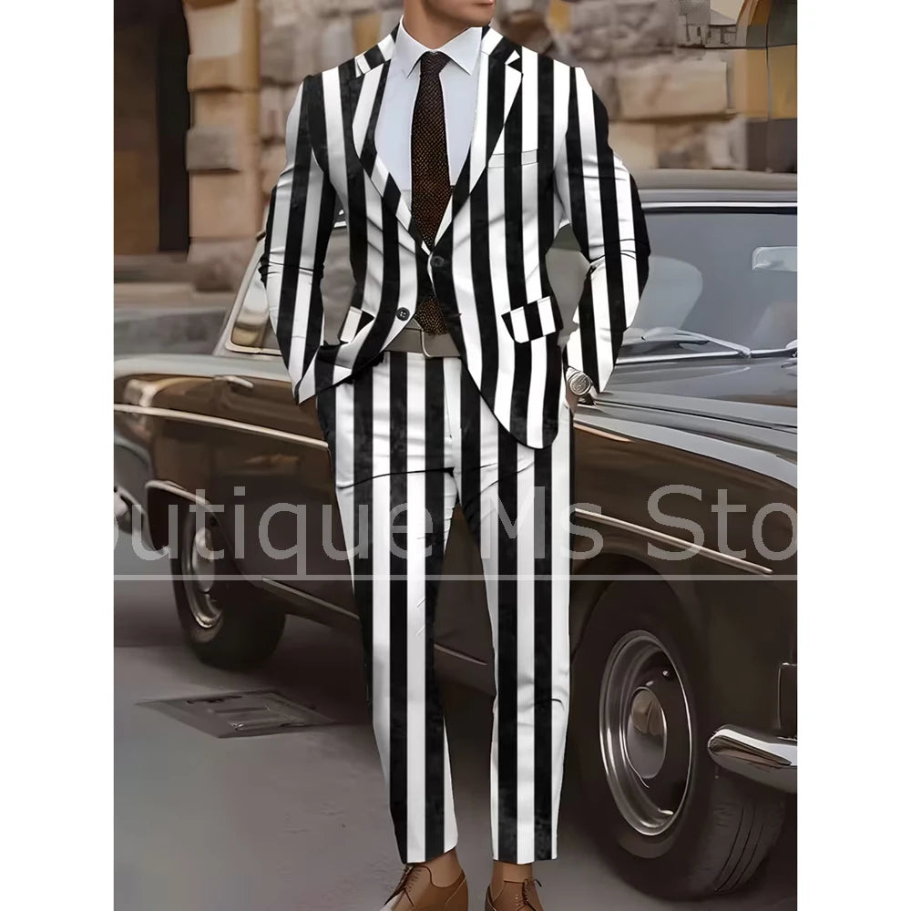 Men's Black and White Vertical Striped 2 Piece Suit Chic Single Breasted Outfit Party Prom Business Casual Formal Male Suit