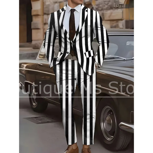 Men's Black and White Vertical Striped 2 Piece Suit Chic Single Breasted Outfit Party Prom Business Casual Formal Male Suit